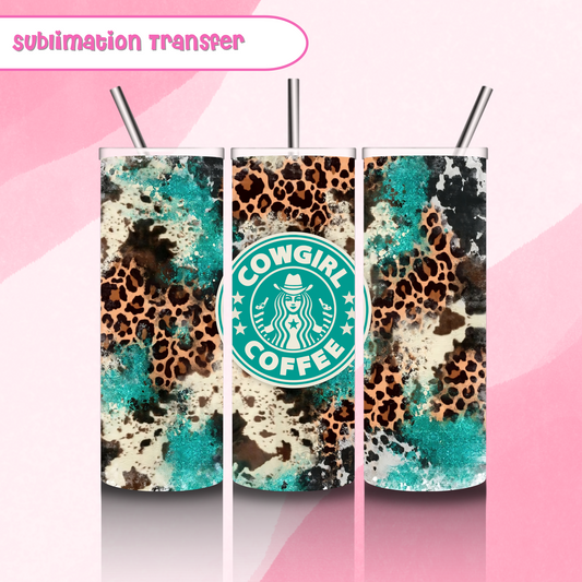 Sublimation Tumbler Transfer 20 oz- Leopard Cowgirl Coffee